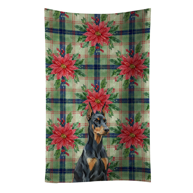 Doberman Pinscher Christmas PoinsettIas Kitchen Towel, Black/Brown Doberman Pinscher