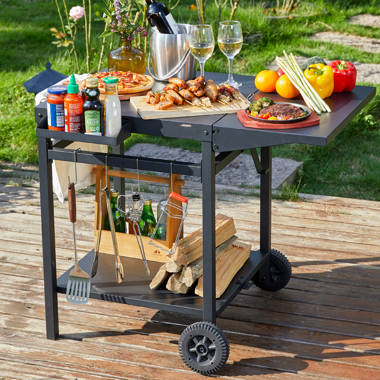 Outdoor Grill Cart Pizza Oven Trolley Stand Double Shelf Outdoor Worktable with 2 Wheels Pizzello