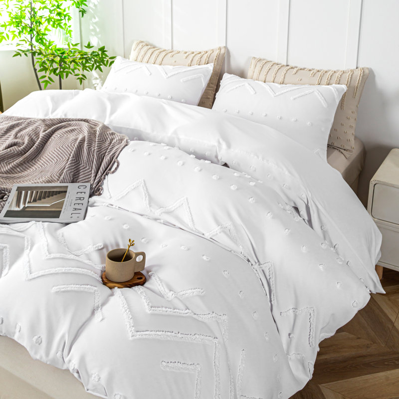 Tufted Bohe Duvet Cover Set Beddings , King Duvet Cover + 2 Standard Pillowcases, White Geometric Shapes