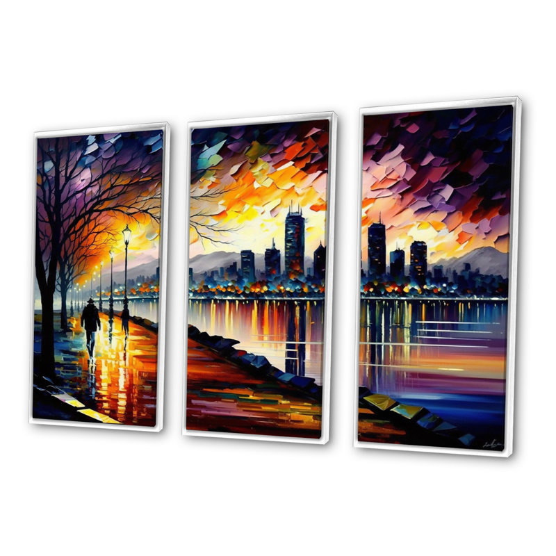 «Vancouver Skyline At Sunset II», reproduction sur toile 3 pièces, H 28 po x l 36 po x P 1 po, Cadre flottant blanc