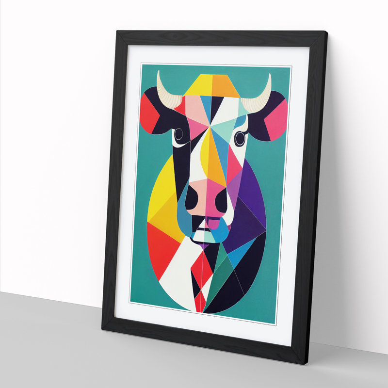 Cow Geometric - Single Picture Frame Print, Black, 64cm H x 46cm W x 2" D