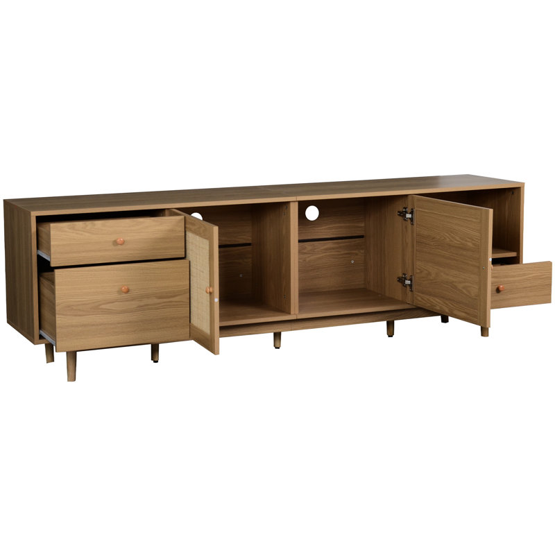 Meuble télé moderne en bois pour téléviseurs de 85 pouces, de vraies portes et un espace de rangement réfléchi avec des espaces polyvalents et polyvalents