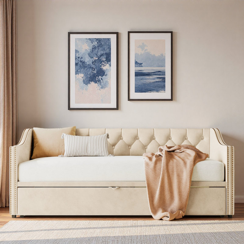 Lit de jour rembourré avec lit gigogne, Beige
