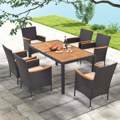  7-Piece Outdoor Wicker Dining Set With Acacia Wood Table And 6 Chairs