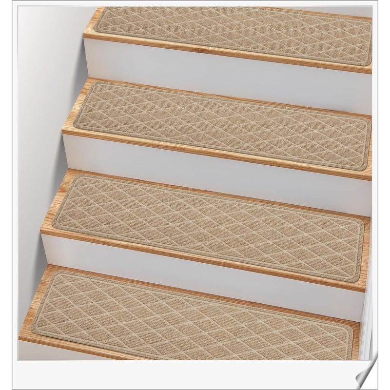 Beige Polyester Non-Slip Stair Treads with TPR Backing, 15 Pack