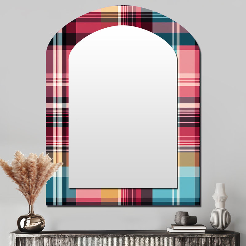 Bohemian Pink And Blue Plaid Pattern - Plaid Asymmetrical Decorative Wall Mirror, Vintage Arch Mirror, Printed Metal Art