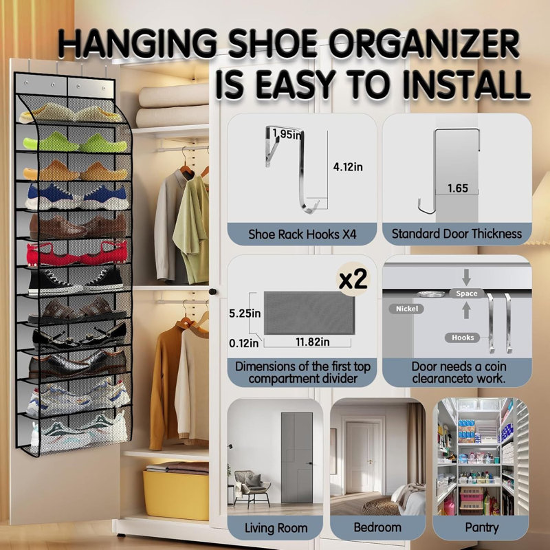 Over-the-door Shoe Organizer With 12 Large Breathable Pockets Grey