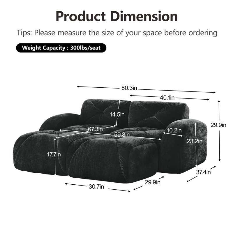 Ensemble de canapé en forme de U à compression de 80 pouces, canapé modulaire moderne à deux places avec repose-pieds, canapé rembourré pour le salon ou la chambre à coucher, aucun assemblage requis.