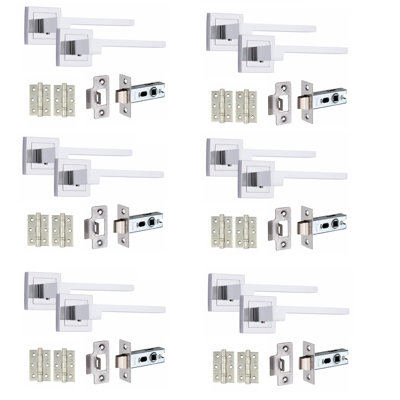 6 Pairs Zeta Premium Design Door Handles on Square Rose in Polished Chrome Finish