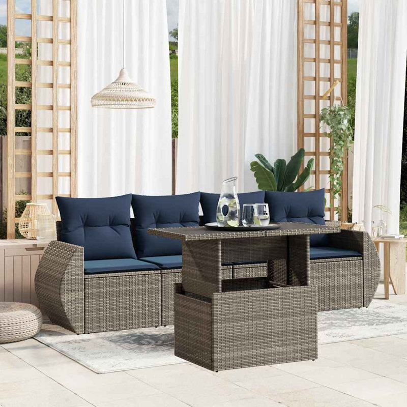 Ensemble de canapé de patio 5 pièces avec coussins en rotin de polyester, Gris, Marine