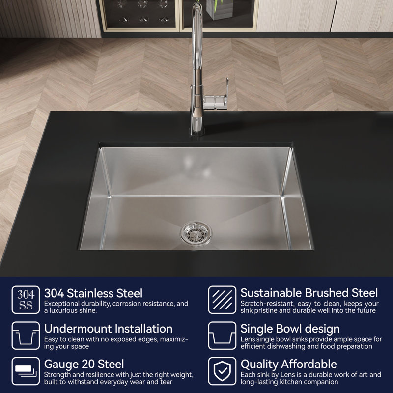 Évier de cuisine en acier inoxydable, lavabo simple encastré à la main en nickel brossé de 27 po x 19 po, avec bonde et crochet standards américains