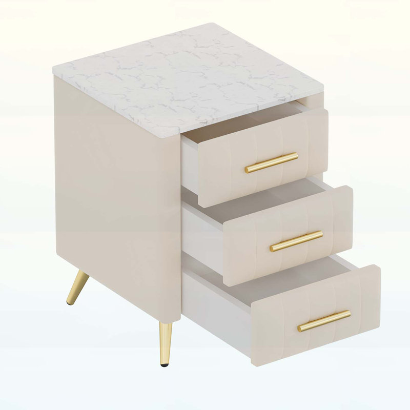 Upholstered Wooden Nightstand With 3 Drawers And Metal Legs&Handles, Bedside Table With Marbling Stickers Worktop - Beige