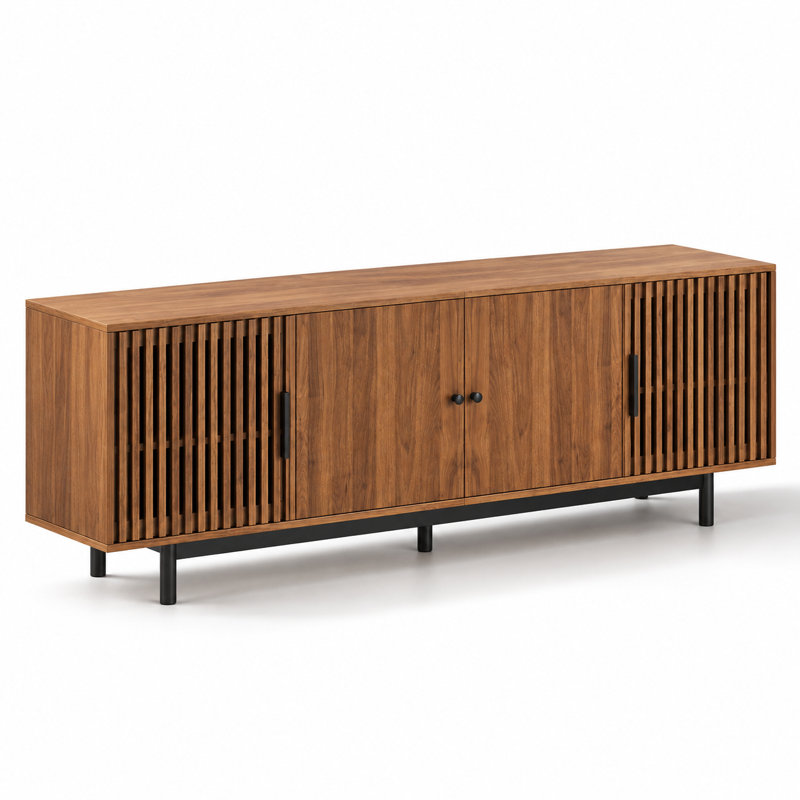 Meuble télé pour téléviseurs jusqu'à 85 pouces, console multimédia avec portes à lattes, charnières à fermeture amortie, étagères intérieures réglables, passe-câbles, meuble de rangement autoportant