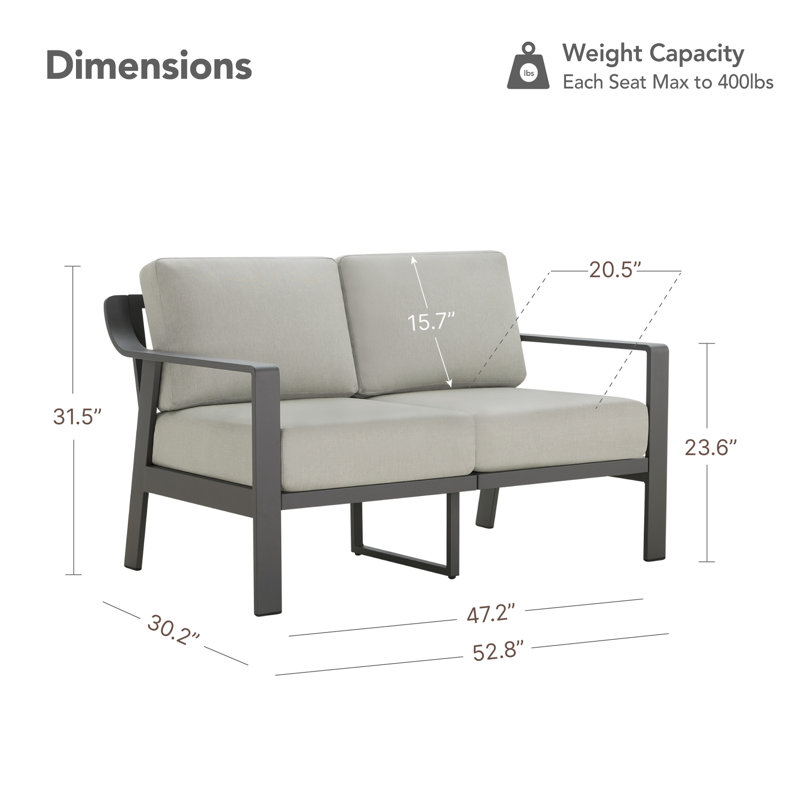 52.8’’ Wide Aluminum Outdoor Patio Loveseat With Cushions, Light Gray Cushion/Black Frame