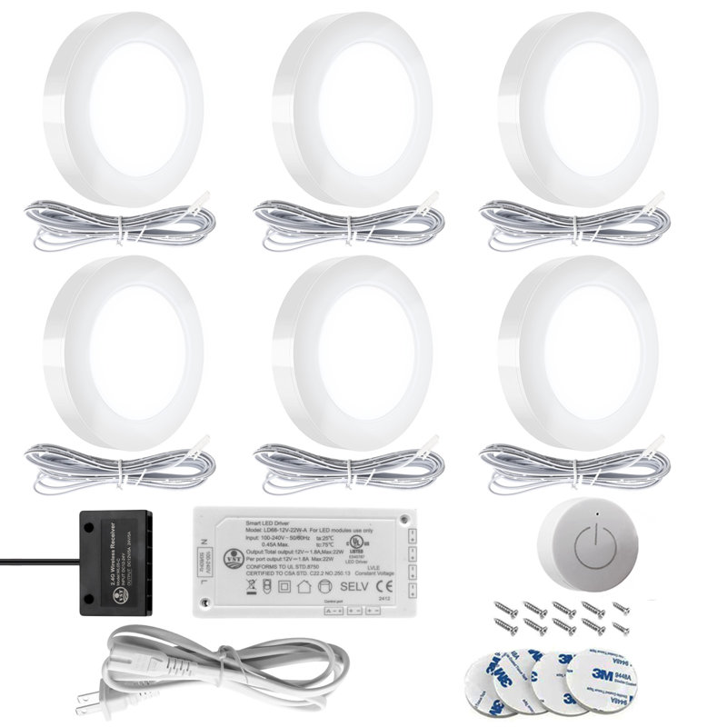  PL05 - Paquet de 6 mini-rondelles 4000K avec gradateur sans fil 12V 1,8 W / pièce pour éclairage sous l'armoire, Blanc