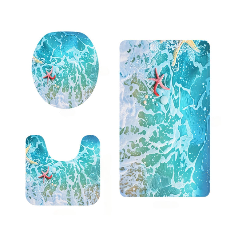 Ensemble de tapis de salle de bain 3 pièces Blue Turquoise Ocean Wave Starfish