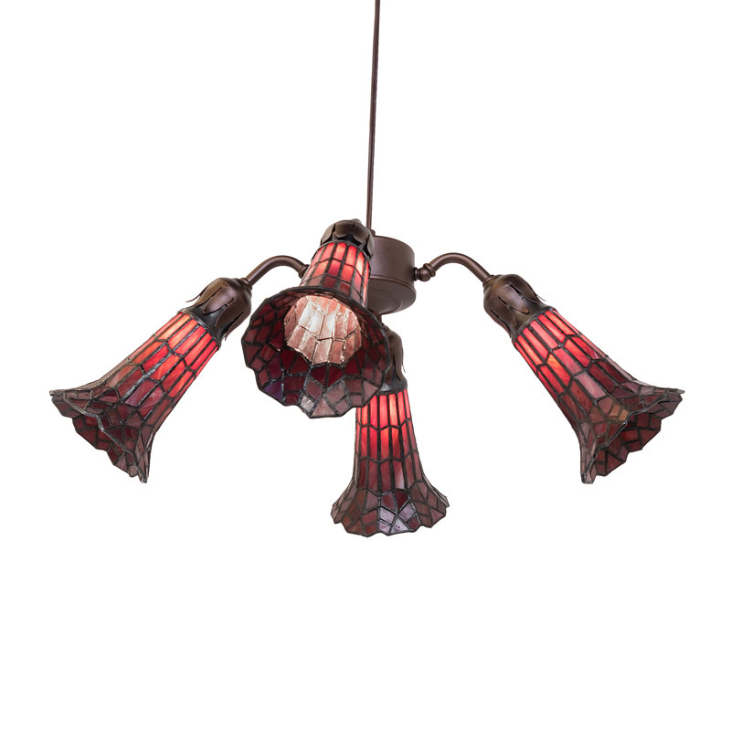 19" Wide Stained Glass Pond Lily 4 Light Fan Light, Red