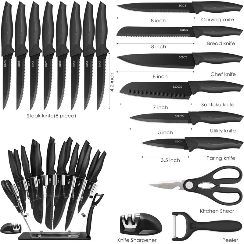 Ensemble de 18 couteaux de cuisine, acier inoxydable, antirouille