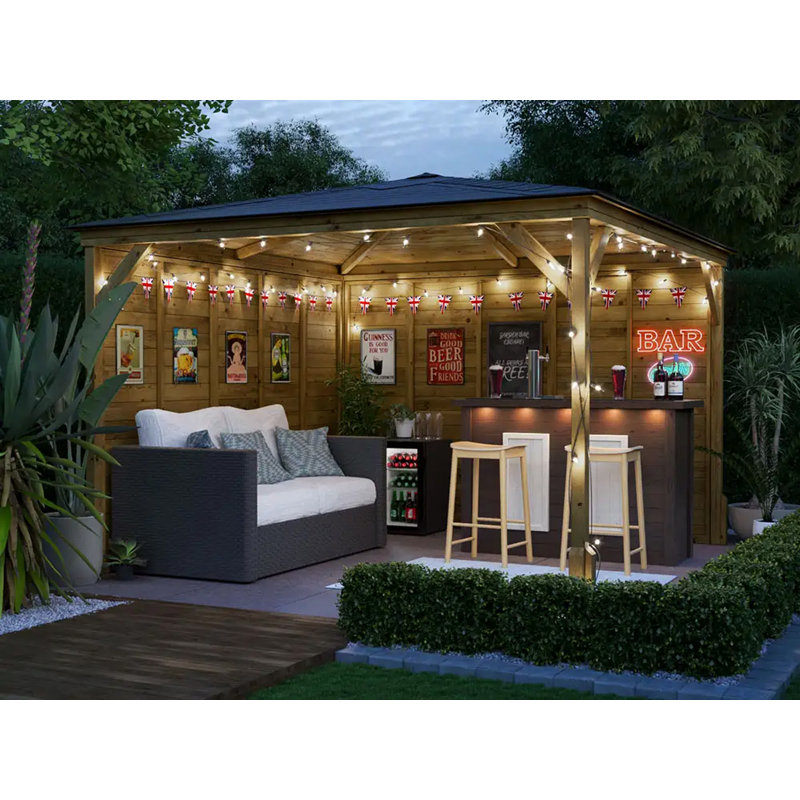Dunster House Garden Bar Gazebo 3m x 3m Black Roof Shingles, Utopia Heavy Duty Garden Shelter with Log Bar Included