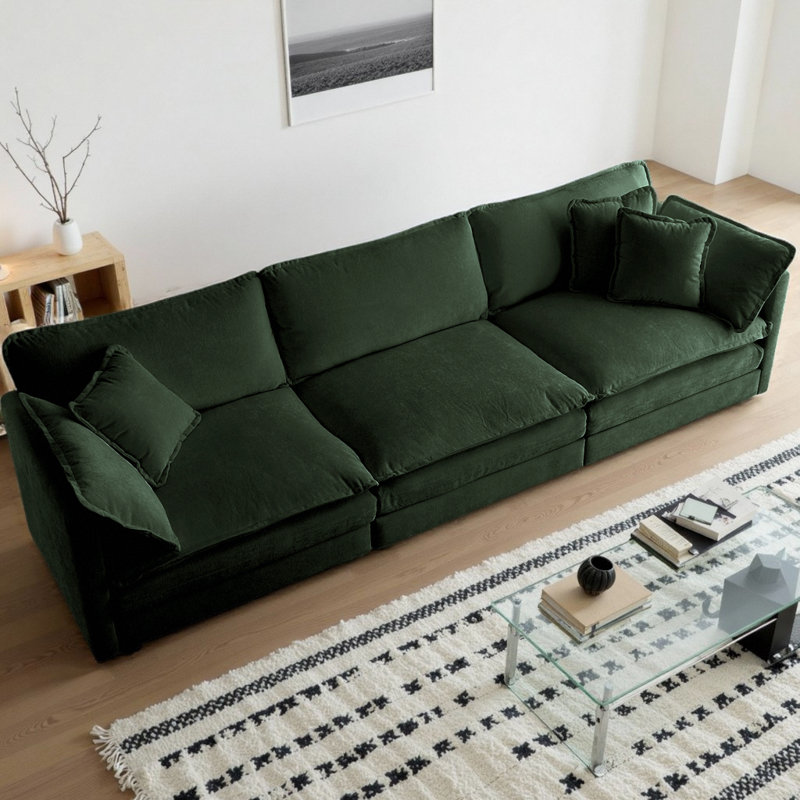Canapé de style Mid-Century rembourré en chenille avec 5 coussins décoratifs, conception modulaire pour le salon, 3, Vert
