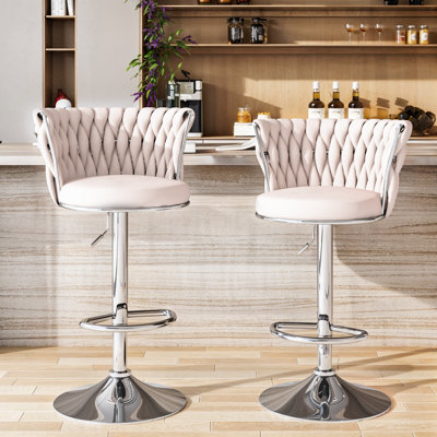 White Bar Chair 2-Piece: Woven Design Backrest, Adjustable Height, 360 Degree Rotation, Stable Footrest, Circular Metal Base