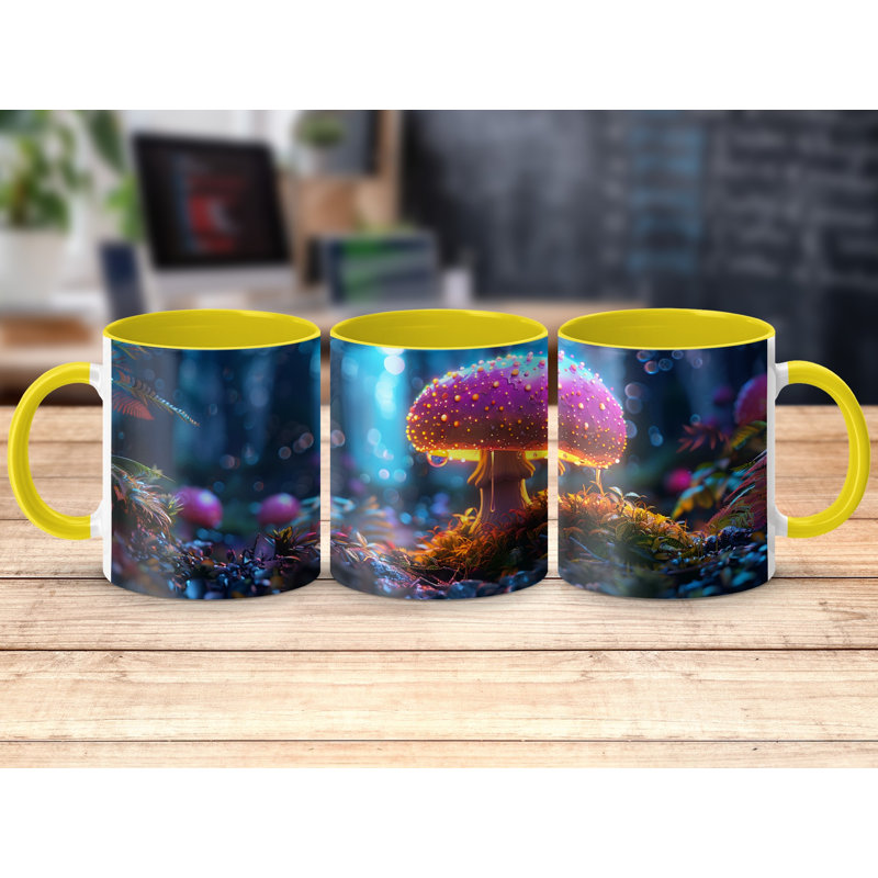 3D Design 11oz Accent Mugs – Ceramic Coffee Cup with a Yellow Handle and Interior