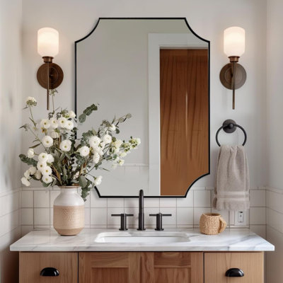  Tariro Contemporary Notched Corner Scalloped Rectangle Bathroom Vanity Mirror | Stainless Steel Frame