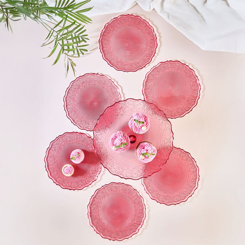 Ensemble d'assiettes à dessert 7 pièces avec support, Rose