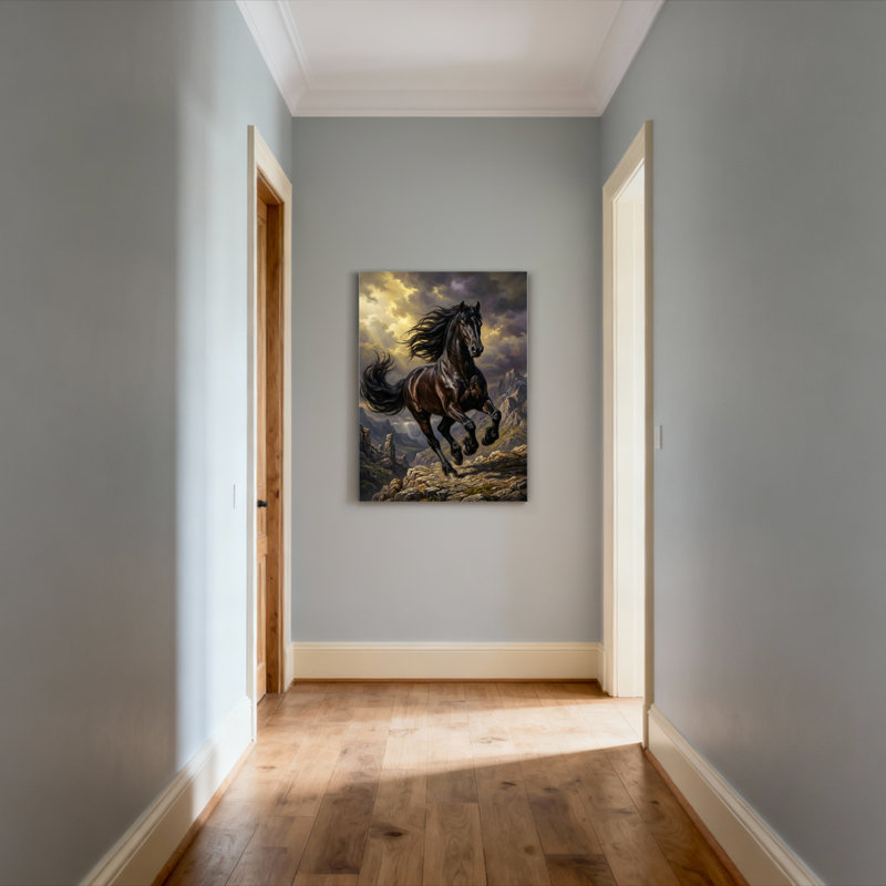 Ensemble de 1 tableau sur toile tendue représentant un cheval noir au galop dans un paysage de montagne, H 36 po x l 24 po