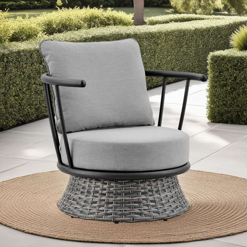 Giotto Black Aluminum and Wicker Outdoor Lounge Chair with Gray Cushions