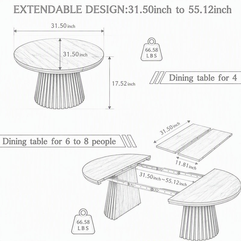 Table basse ronde en bois, flexible et extensible, conception ovale tendance et pieds de table à lattes, Noyer