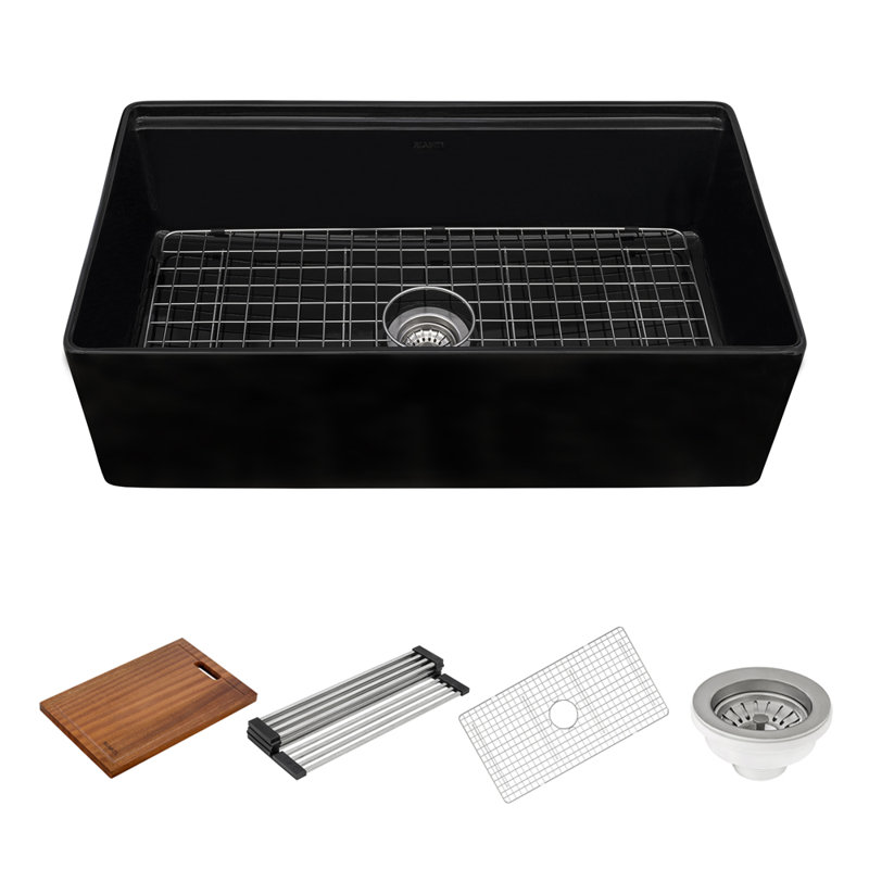 33'' L Double Bowl Fireclay Kitchen Sink, Black