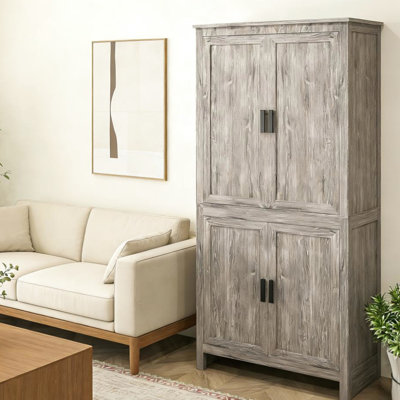 Armoire de rangement autoportante pour cuisine ou garde-manger, portes encastrées, couleur grise, panneaux de particules, 79,4 cm L, 33 cm P, 162,6 cm H, poids total 40 kg, avec sangle antibasculement et étagères réglables.