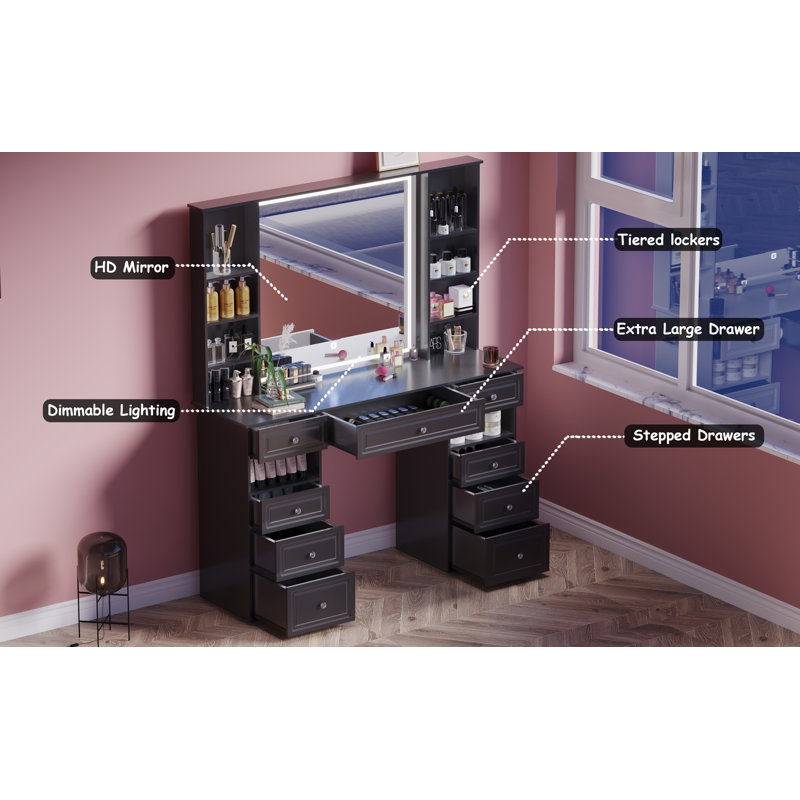 Modern Black Vanity Set with Lighted Mirror & 9 Drawers