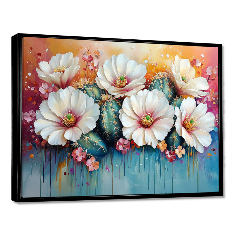 Cactus rose et blanc - Cactus, art mural, H 30 po x l 40 po, Cadre flottant, Noir