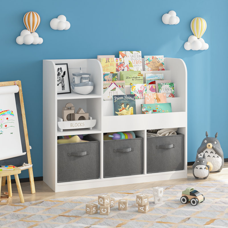 Bibliothèque et bibliothèque pour enfants avec 3 présentoirs pliables en tissu