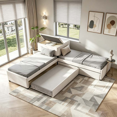 Twin L-Shaped U Platform Bed with Trundle and Desk