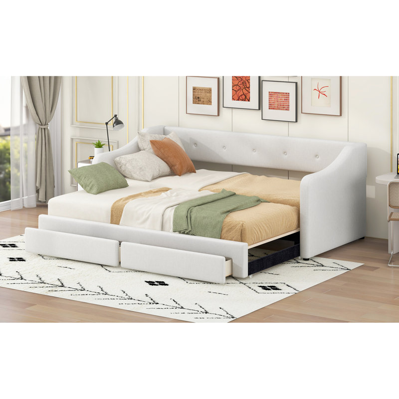 Beige Expandable Upholstered Twin Xl To King Daybed With Pull - Out Drawers, Ergonomic Back And Arm Support, Soft Fabric Buttoned Drawer Surfaces, Comfortable Seating