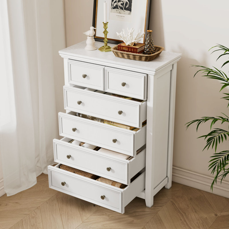 Farmhouse 6-Drawer Storage Dresser with Rustic Wood Finish for Bedroom or Living Room, White
