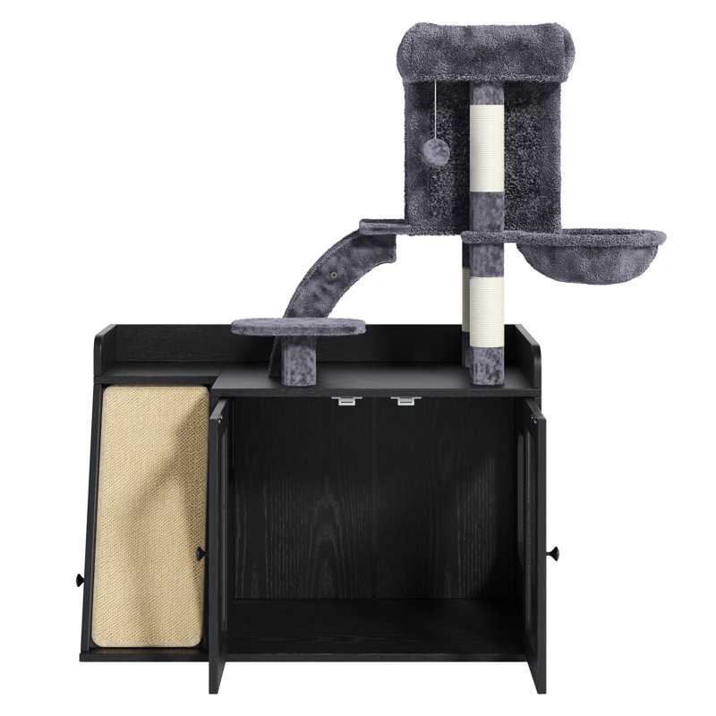 Modular Cat Litter Box Enclosure with Integrated Cat Tree, LED Light, Sisal Scratching Board, and Side Storage Cabinet - Black MDF Furniture