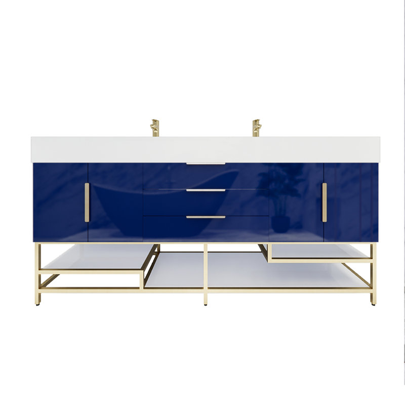 Ensemble de meuble-lavabo double 72 po Glasgow, Bleu nuit ultrabrillant, Blanc