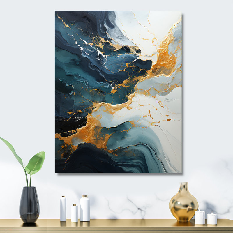 Or et vert abstrait cascade de marbre IV - Art mural abstrait en métal, H 32 po x l 24 po x P 1 po