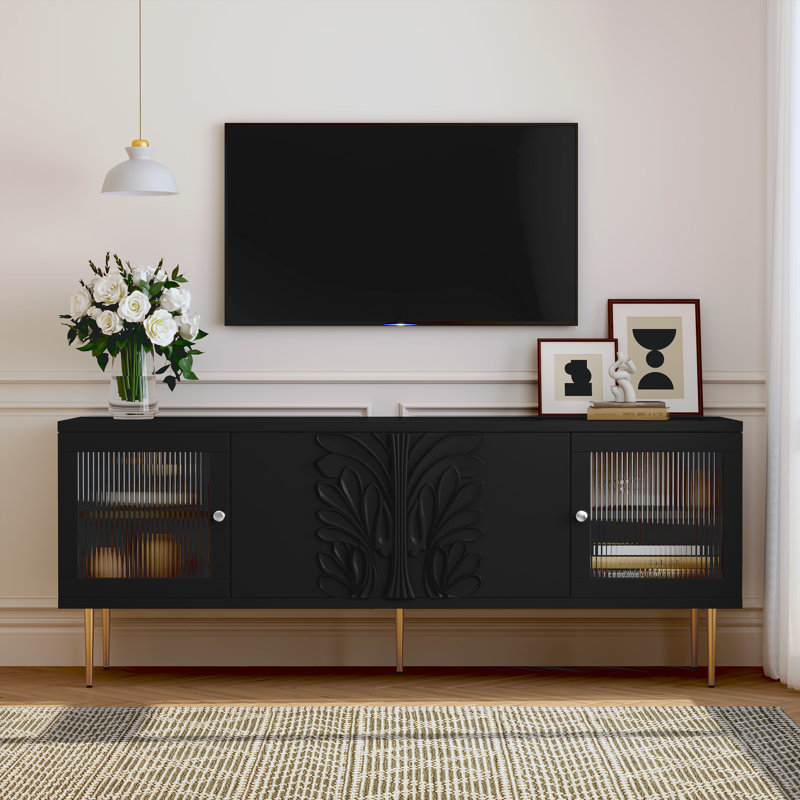 Modern TV Console with 3D Flower Pattern for TVs up to 70", Black