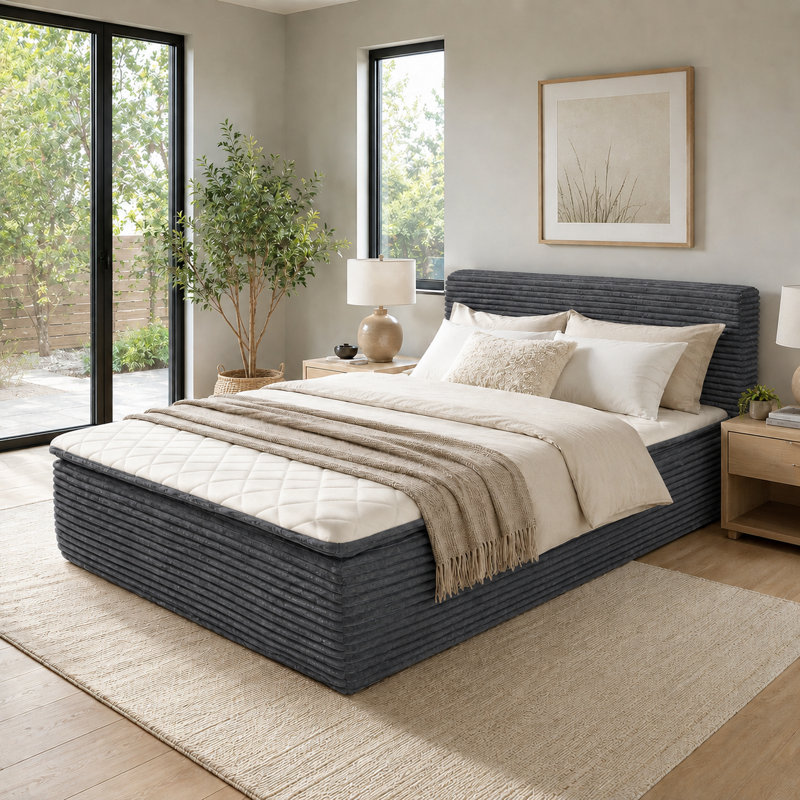 Lit plateforme de compression rembourrée avec tête de lit capitonnée, Grand lit, Gris