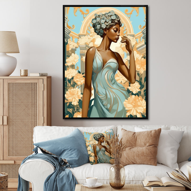 Élégante beauté afro-américaine dans un pré de fleurs - impression, Cadre flottant noir, H 44 po x l 34 po x P 1,5 po