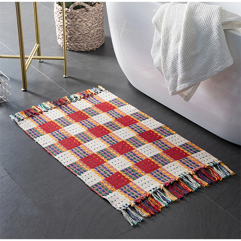 Red Cotton Blend Woven Plaid Hand Knotted Tassel Boho Small Area Rug 24" W X 35" L