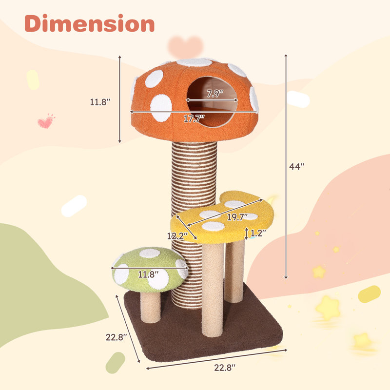 44"Whimsical Mushroom Cat Tree With Scratching Post And Cat Condo
