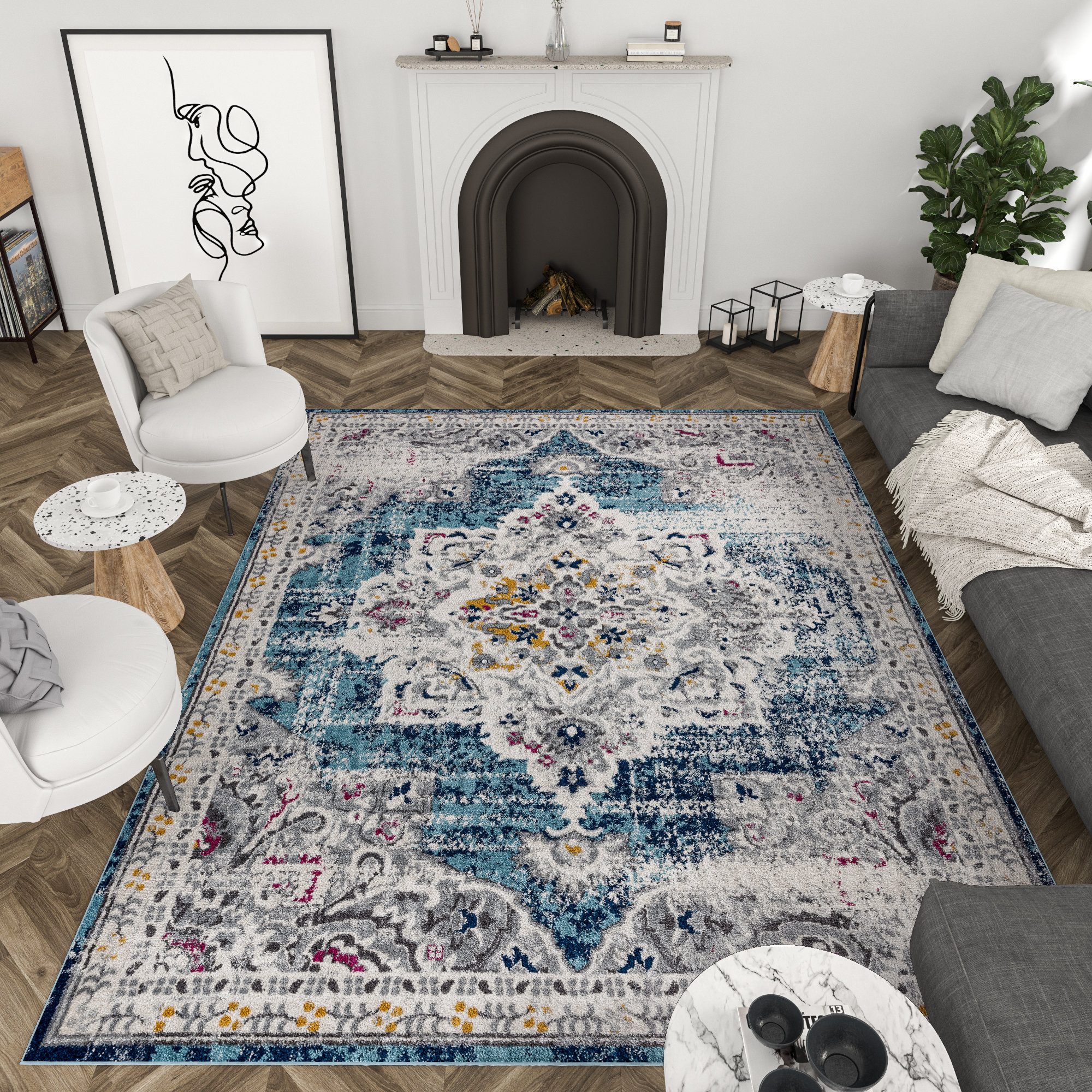 Charlton Home?? Blue Oriental Medallion Indoor Area Rug for Living Room