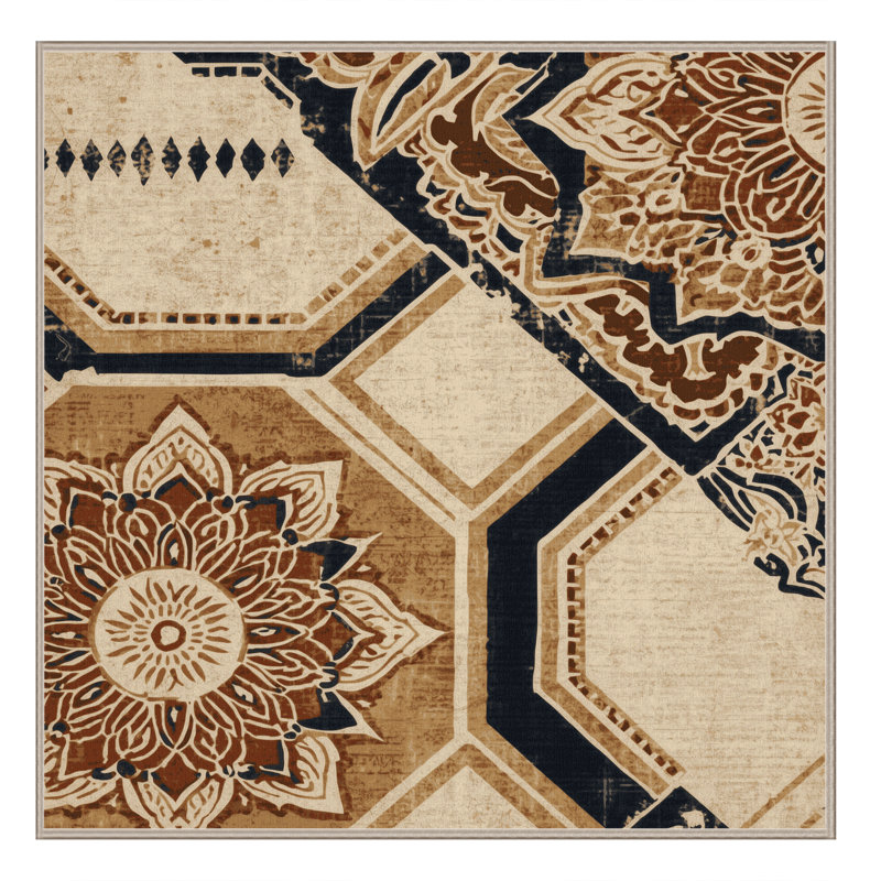 Tapis beige lavable à la machine à motif de blocs d'inspiration mondiale Roslindale, Carré 8 pi
