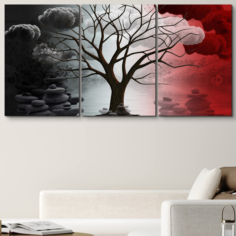 Moody, arbre zen rouge foncé, collage, nature, aquarelle, art moderne, rustique, ultra, H 36 po x l 72 po